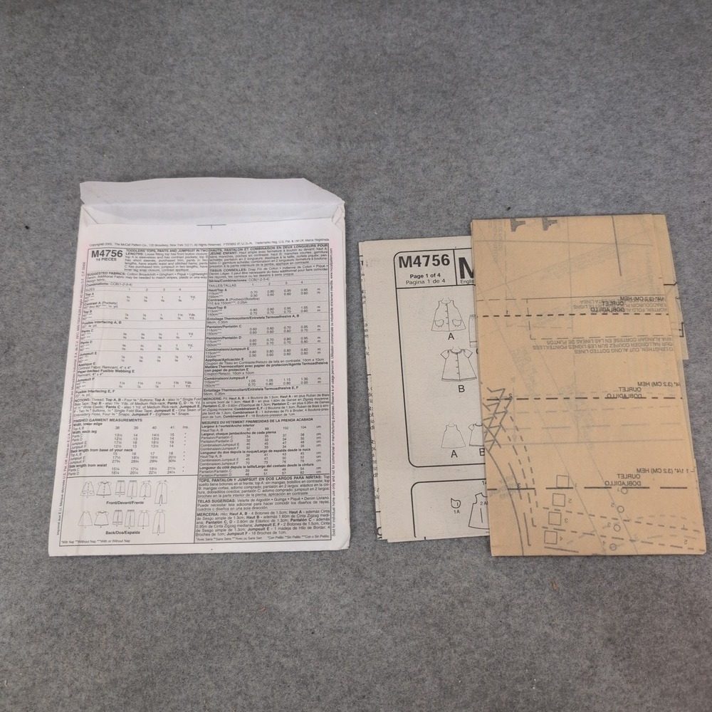 McCalls M4756 Toddlers Tops Pants Jumpsuit Sewing Pattern Size 1-2-3-4 Uncut - Picture 2 of 2